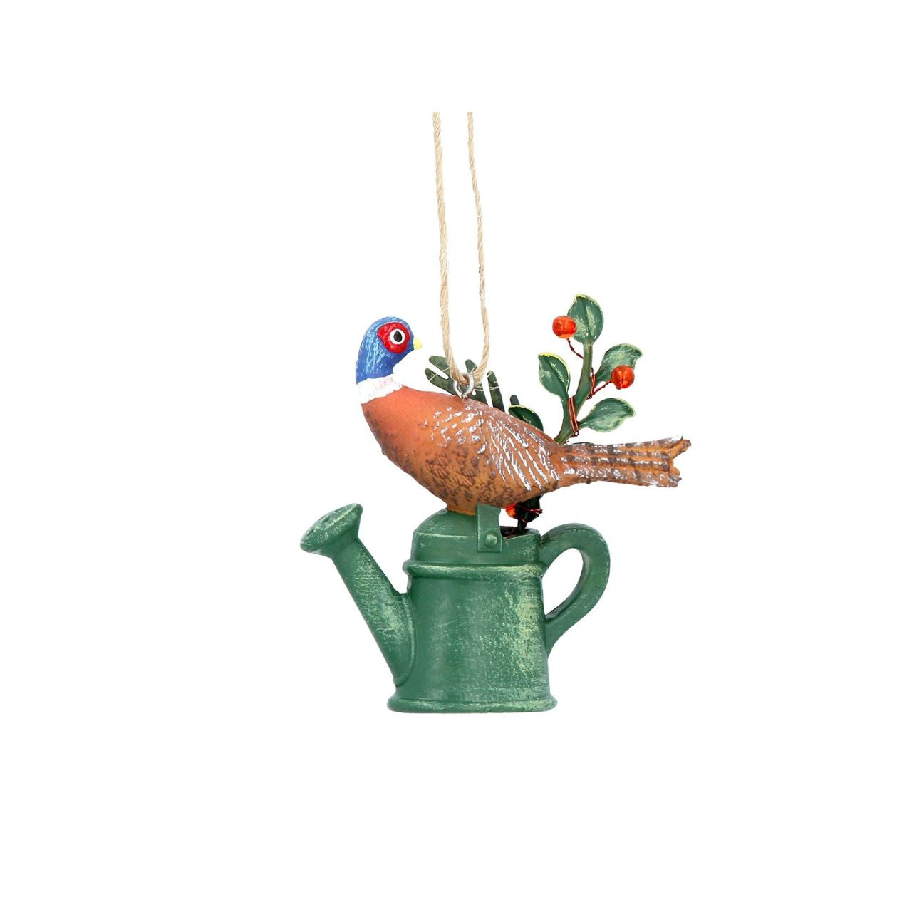 Elevate your festive décor with the Gisela Graham Robin &amp; Pheasant on Watering Can Christmas hanging ornament. Delicately crafted, this exquisite piece captures the charm of a robin and pheasant perched atop a vintage watering can, adding refined seasonal elegance to any setting.