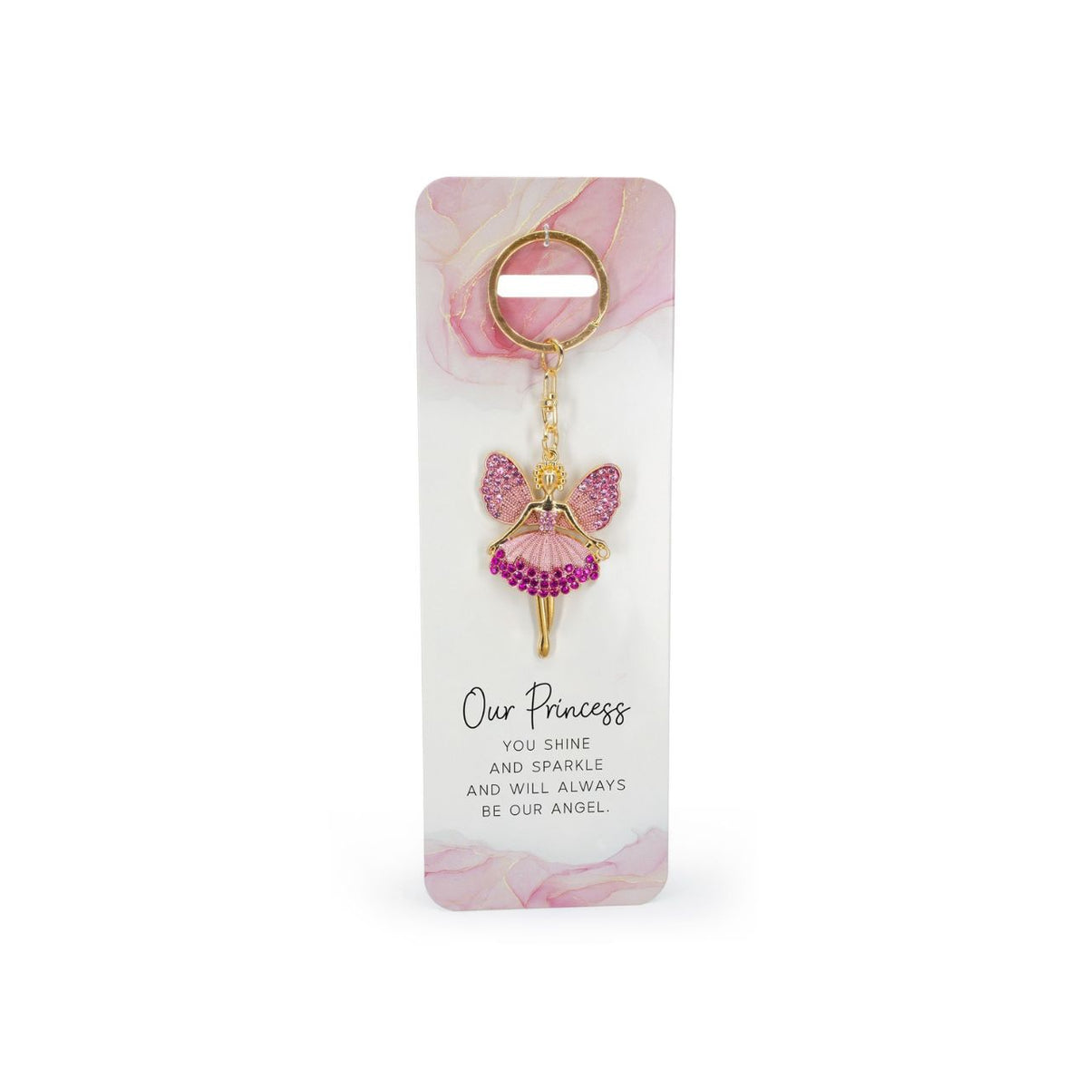 A beautiful pink, crystal embellished angel keyring. Comes with the sentiment slogan ‘Our Princess.