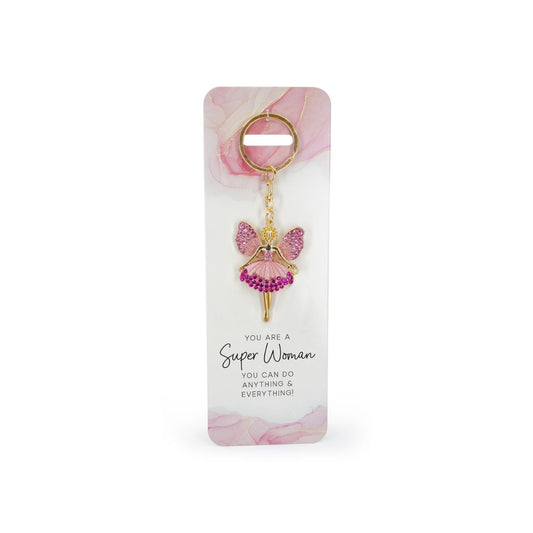 A beautiful pink, crystal embellished angel keyring. Comes with the sentiment slogan ‘Super Woman.’