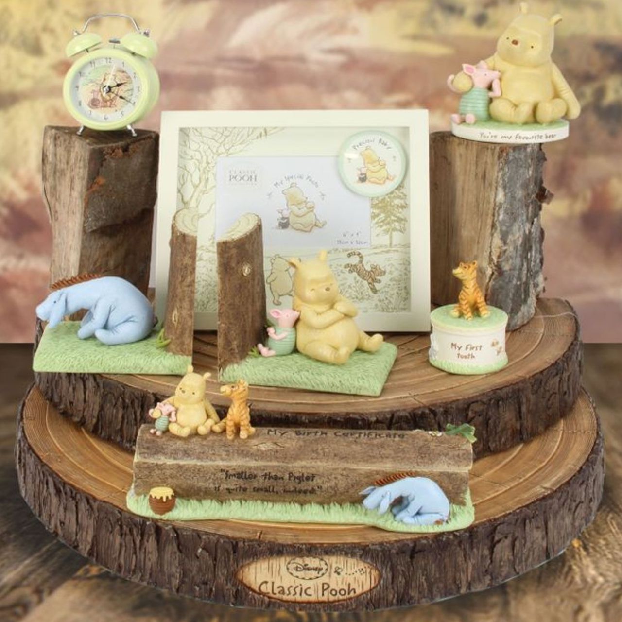 The album also reads: 'Pooh, Piglet and Christopher stood on the bridge watching the water, feeling the warm breeze that carried the smell of wild flowers.'