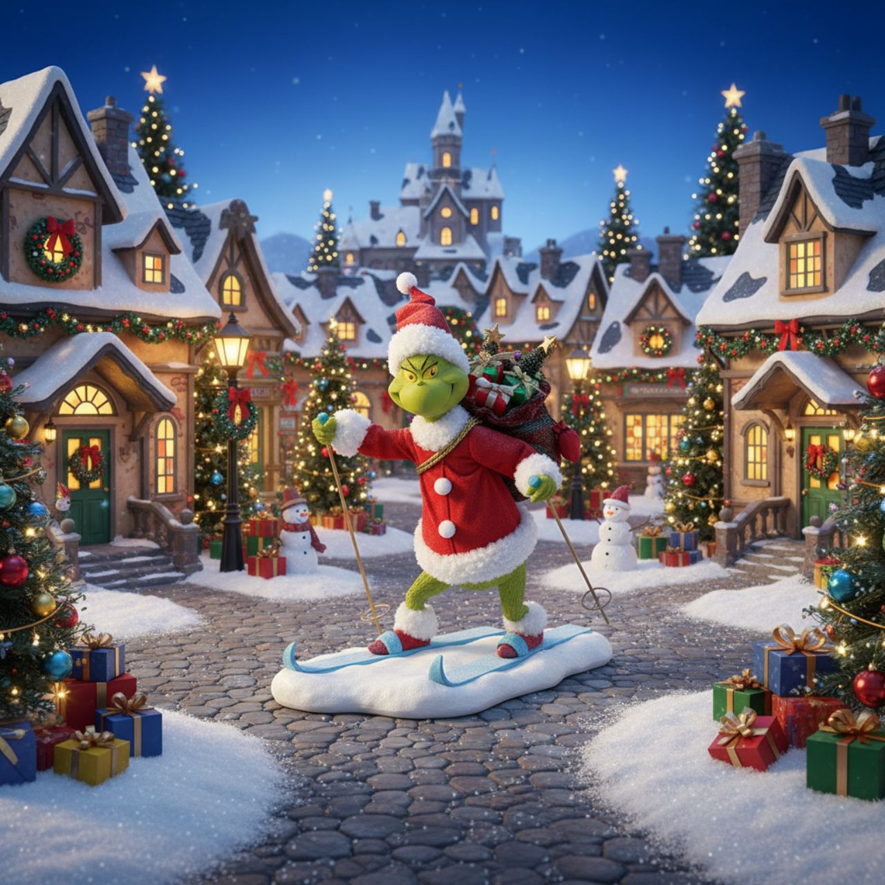 Designed by our elite Possible Dreams team, The Grinch is making his escape from Whoville on a pair of sporty skis.