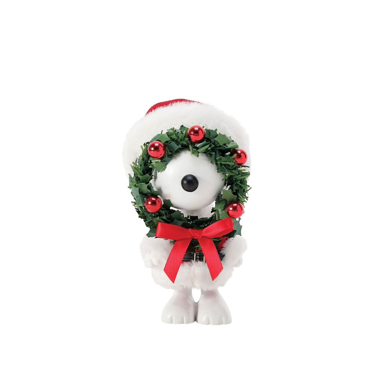 Snoopy is all decked out and ready to decorate for the holidays. He sports a fur trimmed Santa hat and coat along with an eye-catching wreath. Made with special Clothtique - a fabric that is stiffened to keep its shape and preserve it's look - this piece is part of the official Possible Dreams line.