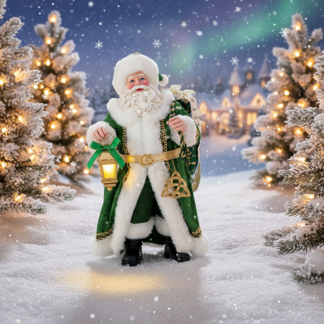 Celtic Knot Christmas Traditions Lantern in hand and with a suit of green and gold Santa makes his way Christmas Eve on the Emerald Isle.