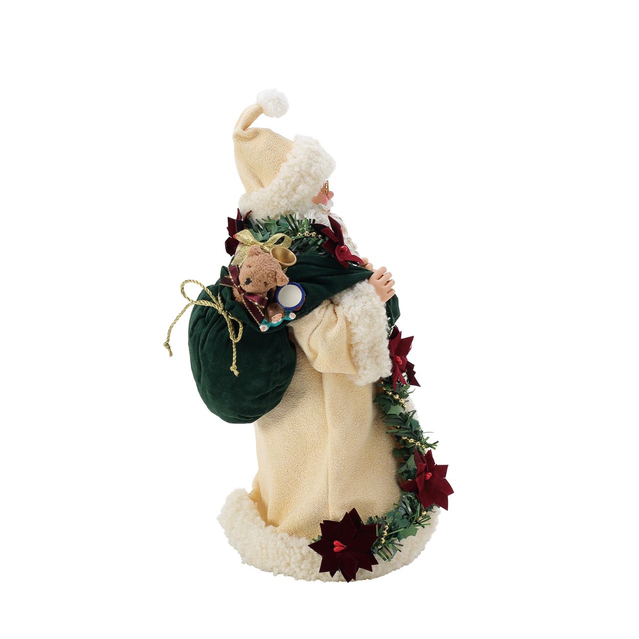 Poinsettia accents are the star of Santa Claus's old world attire. They add just the right splash of red to his golden ribbon trimmed gown. Designed by Enesco's very own Department 56, each Possible Dreams figurine is finished with a brass tag for authenticity and made using "clothtique" - a stiffened fabric, to ensure quality for generations.