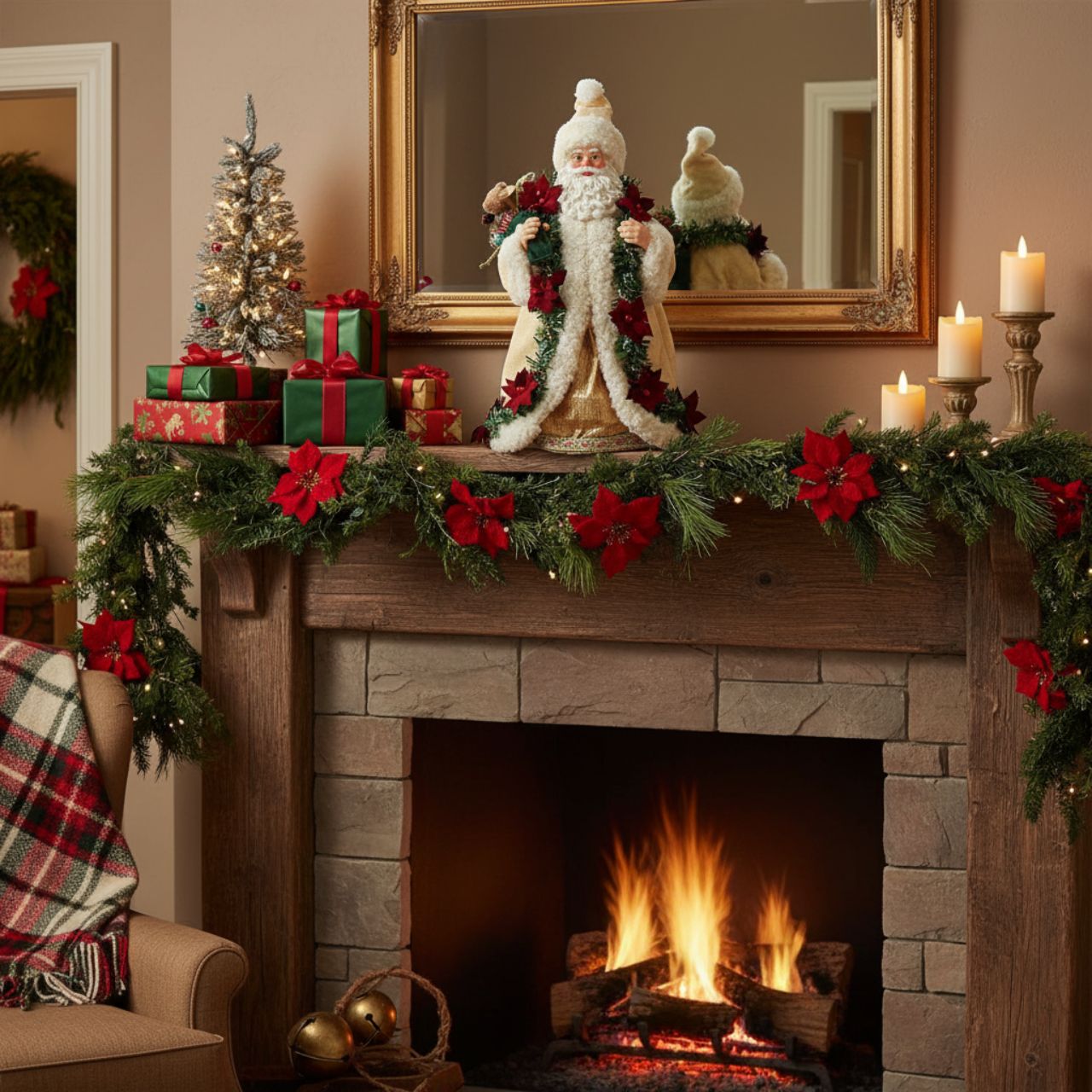 Poinsettia accents are the star of Santa Claus's old world attire. They add just the right splash of red to his golden ribbon trimmed gown.