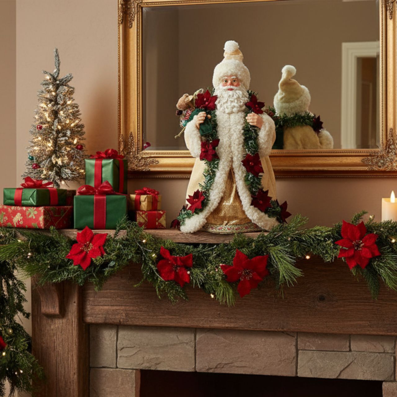 Poinsettia accents are the star of Santa Claus's old world attire. They add just the right splash of red to his golden ribbon trimmed gown.