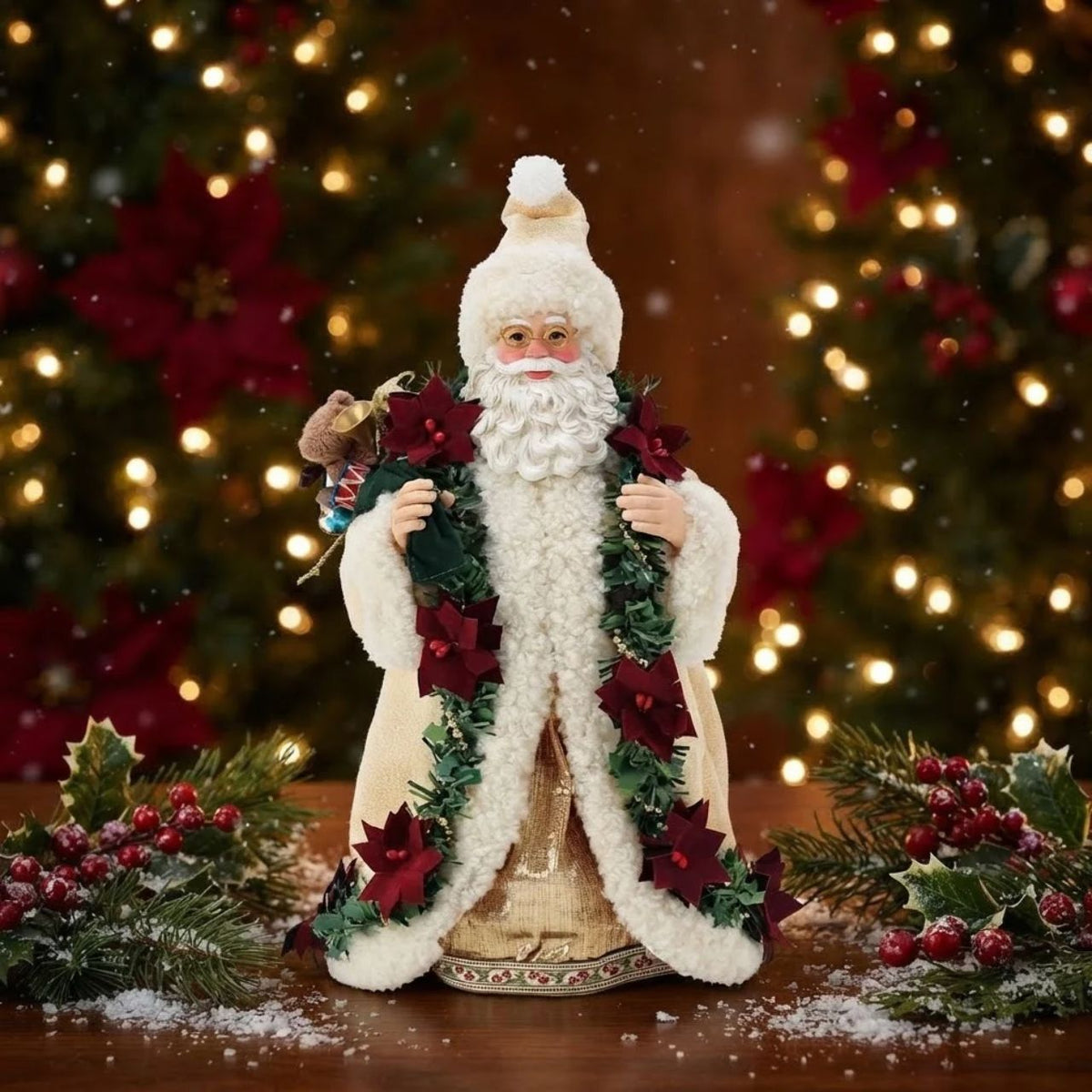 Poinsettia accents are the star of Santa Claus's old world attire. They add just the right splash of red to his golden ribbon trimmed gown. Designed by Enesco's very own Department 56, each Possible Dreams figurine is finished with a brass tag for authenticity and made using "clothtique" - a stiffened fabric, to ensure quality for generations.