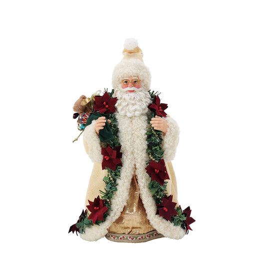 Poinsettia accents are the star of Santa Claus's old world attire. They add just the right splash of red to his golden ribbon trimmed gown. Designed by Enesco's very own Department 56, each Possible Dreams figurine is finished with a brass tag for authenticity and made using "clothtique" - a stiffened fabric, to ensure quality for generations.