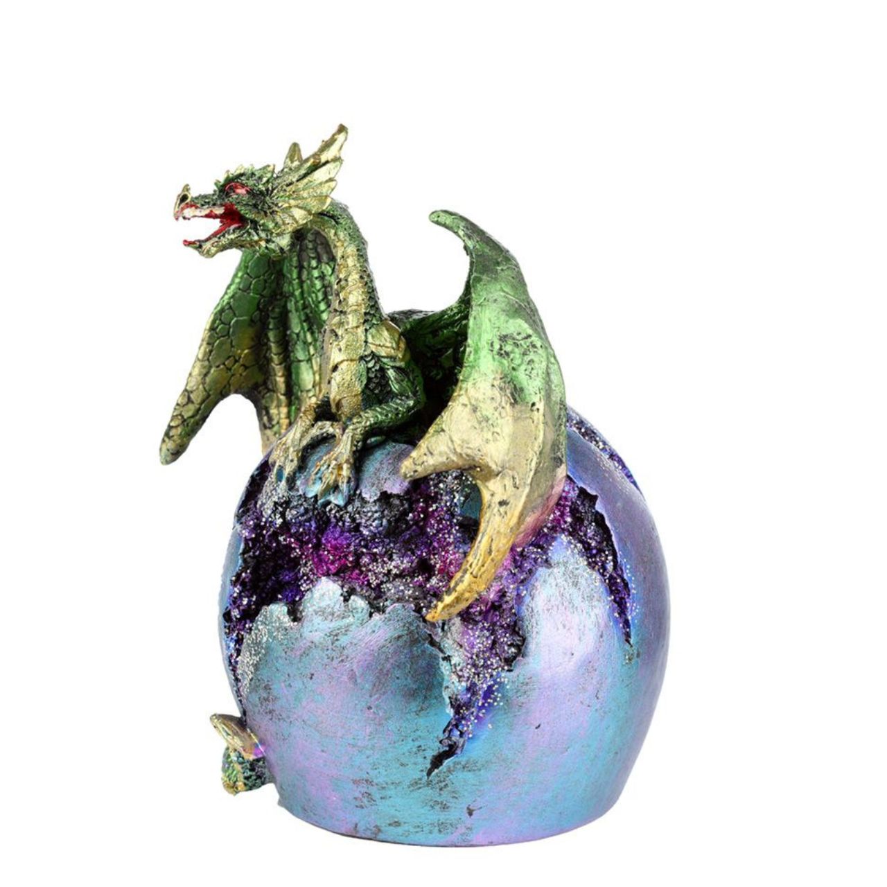 Illuminate your space with the mystical beauty of the Dark Legends LED Geode Earth Dragon Egg. This unique piece features a geode design with LED lights, adding an enchanting touch to any room. Let the magic of the Earth Dragon Egg bring a sense of wonder and awe into your home.