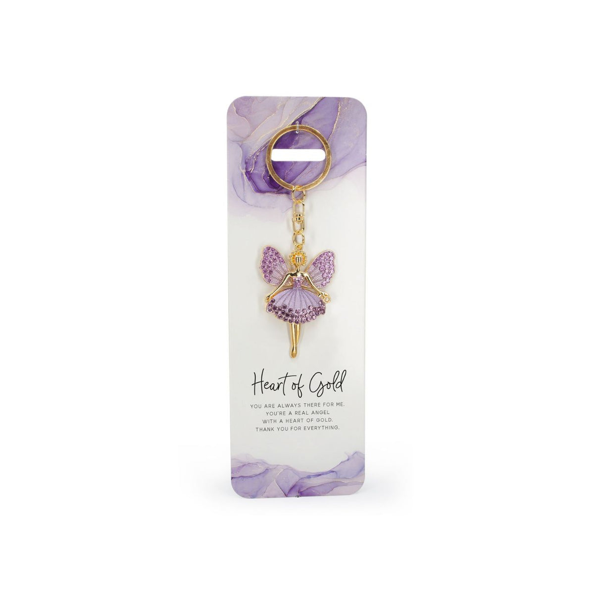 A beautiful purple, crystal embellished angel keyring. Comes with the sentiment slogan, ‘Heart of Gold.’