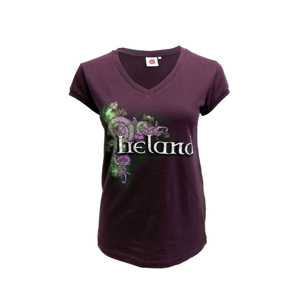 This purple ladies V-neck cotton T-shirt is a part of the Traditional Craft Official Collection. It is a fitted style and features a distressed print of a Celtic design and an Ireland logo.
