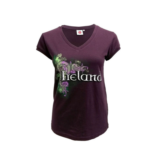 This purple ladies V-neck cotton T-shirt is a part of the Traditional Craft Official Collection. It is a fitted style and features a distressed print of a Celtic design and an Ireland logo.