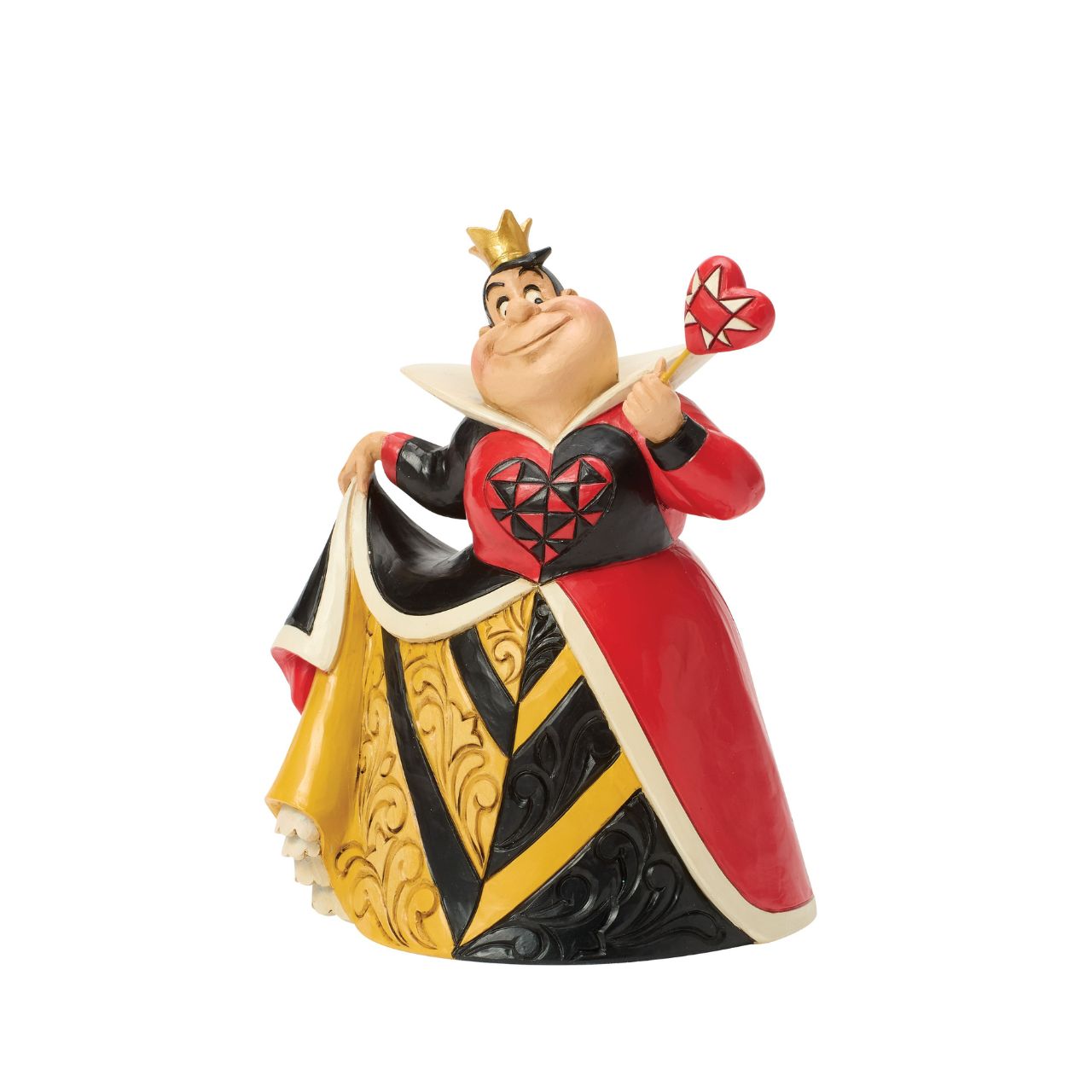 This Jim Shore design captures Alice in Wonderland's Queen of Hearts in a red and black dress enhanced with rosemaling and a quilted heart.