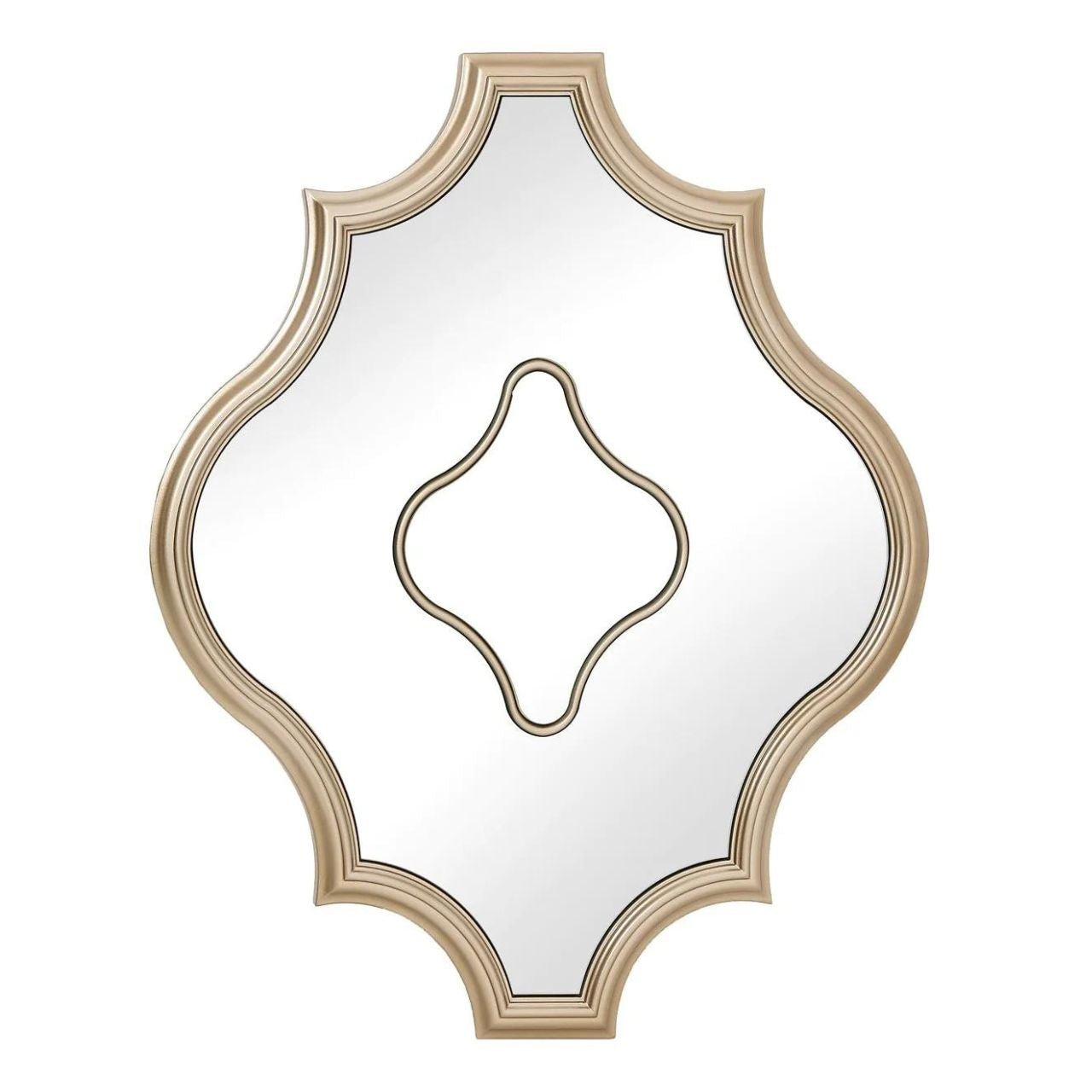 Mindy Brownes Racheal Mirror  Ogee shaped wall art mirror. This style of mirror is ideal hung in two's or threes, makes for a fabulous statement piece. Gold in colour.