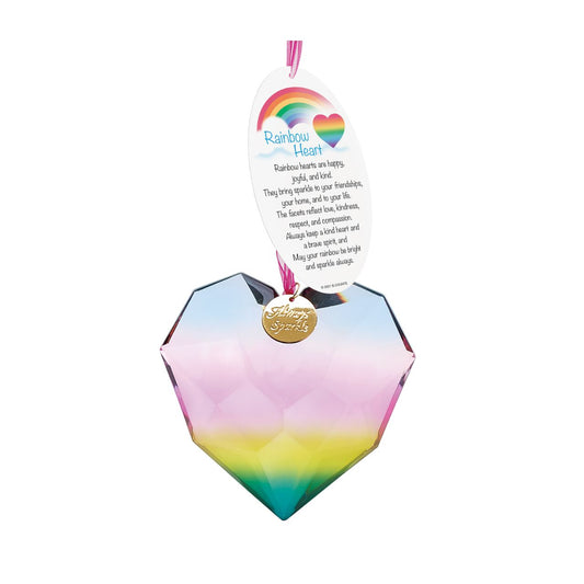Suncatcher Rainbow Acrylic Heart Hanging Ornament Pink  The rainbow acrylic heart comes in two multi-coloured versions. Each are hung on a coloured organza ribbon and feature a golden sentiment token. A poem also accompanies each heart.