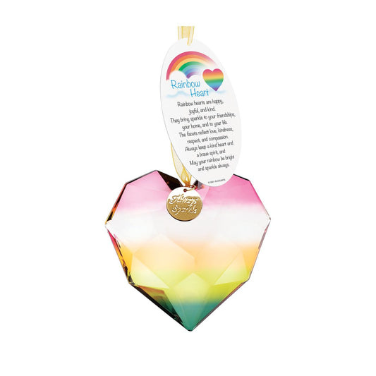 Suncatcher Rainbow Acrylic Heart Hanging Ornament  The rainbow acrylic heart comes in two multi-coloured versions. Each are hung on a coloured organza ribbon and feature a golden sentiment token. A poem also accompanies each heart. Designs are assorted.