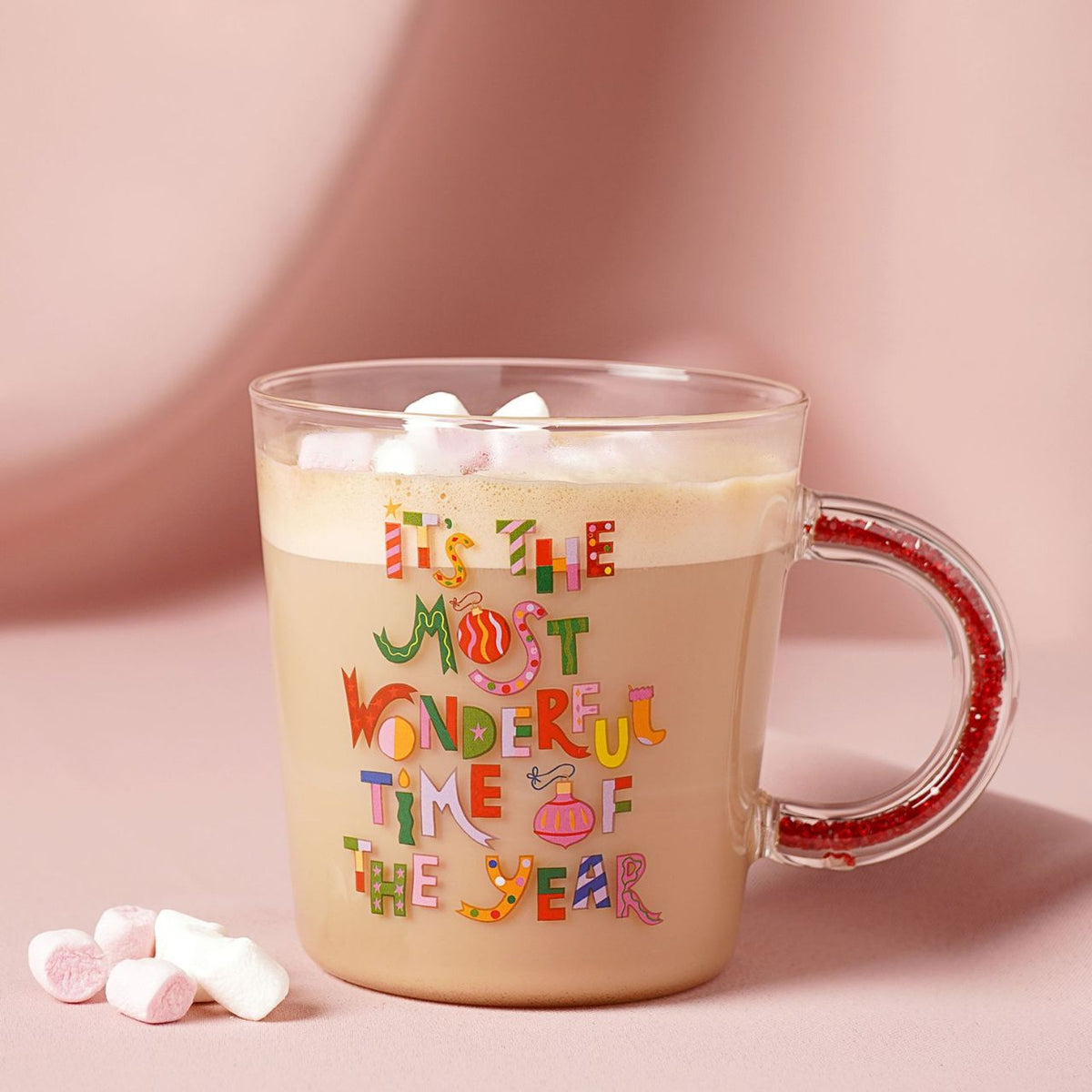 The Raspberry Blossom Glass Mug - It’s The Most Wonderful Time Of The Year is a festive way to enjoy cosy drinks throughout the season or to share as a thoughtful gift.