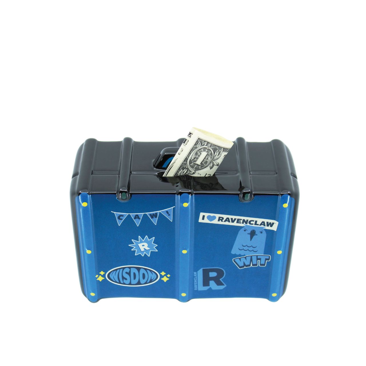A blue and black metal money box designed like a sports case, featuring 'I RAVENCLAW' and 'KISDOM' decals, with a dollar bill inserted into the top slot.
