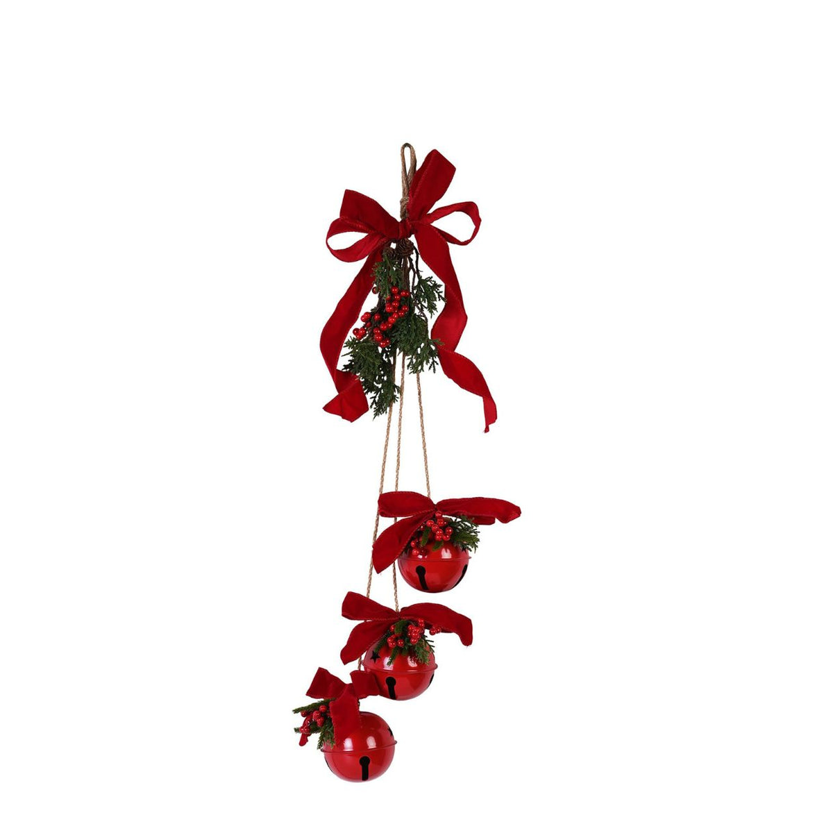 Our Red Bells with Bow & Faux Foliage is a delightful addition to seasonal decorations, bringing an undeniable festive spirit to any space.