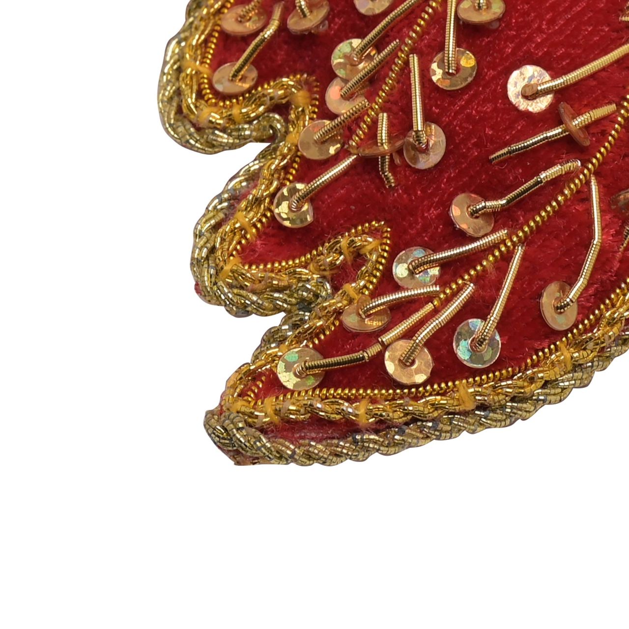 The padded velvet, tree shaped decoration showcases a striking red &amp; gold finish which complements the matching sequin embellishments and gold edging. It hangs from the tree using the attached gold string hanger.