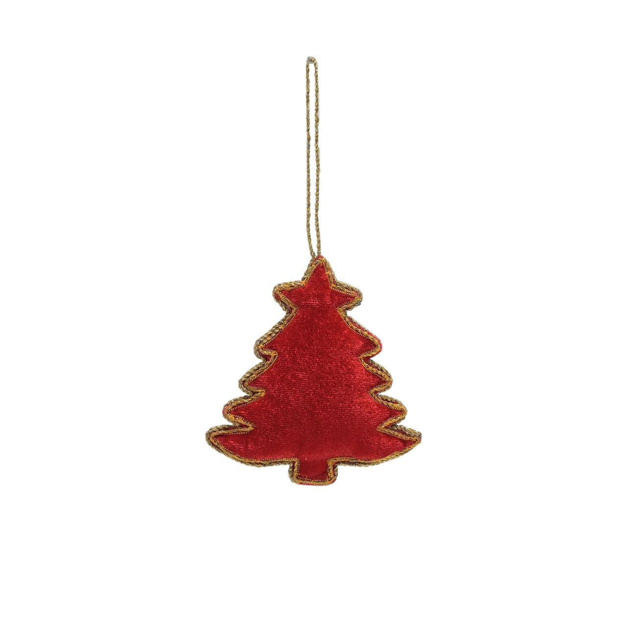 The padded velvet, tree shaped decoration showcases a striking red &amp; gold finish which complements the matching sequin embellishments and gold edging. It hangs from the tree using the attached gold string hanger.