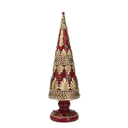Gisela Graham Resin Red & Gold Christmas Tree Decorated With Jewels  This dazzling Christmas tree decoration from Gisela Graham features a vibrant gold and red color scheme with decorative jewels adorning the branches for added splendor. The festive design is sure to bring cheer to any holiday setting.