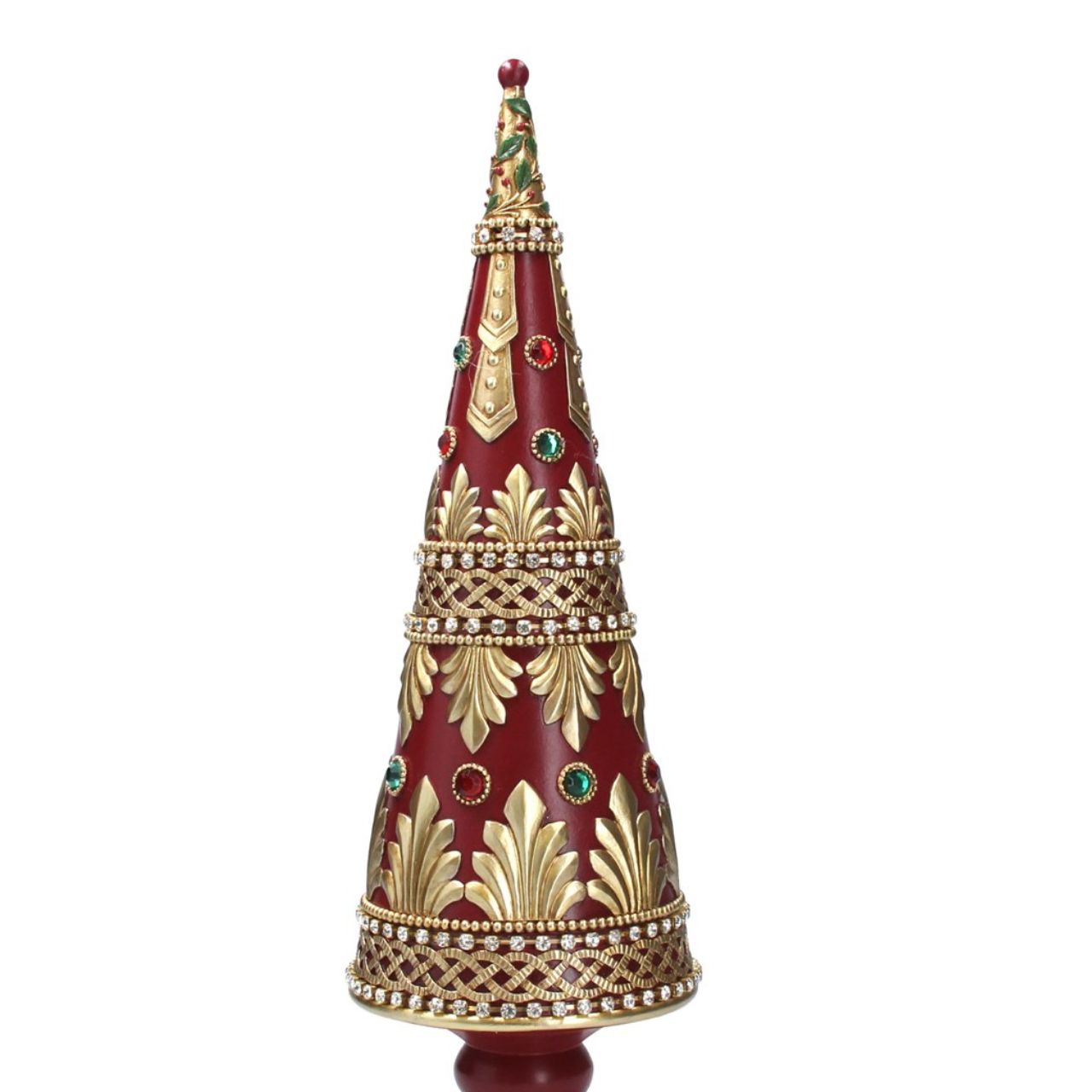 Gisela Graham Resin Red & Gold Christmas Tree Decorated With Jewels  This dazzling Christmas tree decoration from Gisela Graham features a vibrant gold and red color scheme with decorative jewels adorning the branches for added splendor. The festive design is sure to bring cheer to any holiday setting.