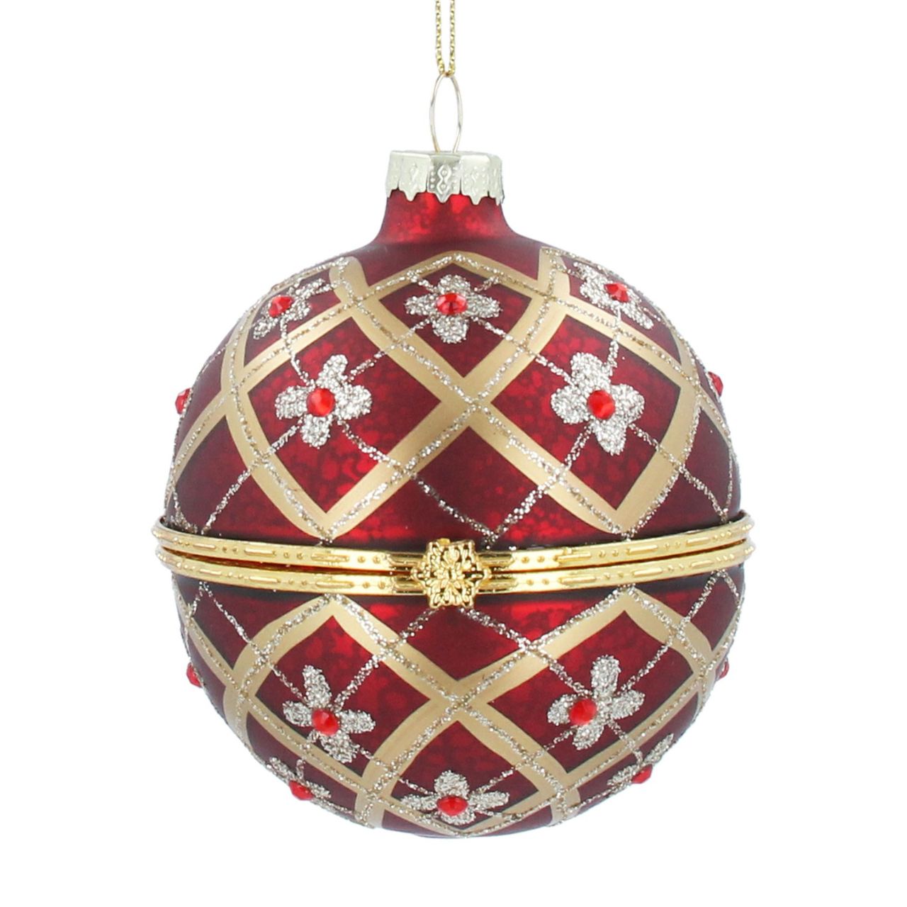 Gisela Graham Red & Gold Floral Trellis Glass Christmas Bauble Opening  Show off your holiday spirit with this elegant Gisela Graham Red & Gold Floral Trellis Christmas Bauble. This sparkling ornament features a gold trellis pattern with vibrant red accents for a pop of colour. An ideal choice for those seeking a unique ornament to add to their seasonal décor.