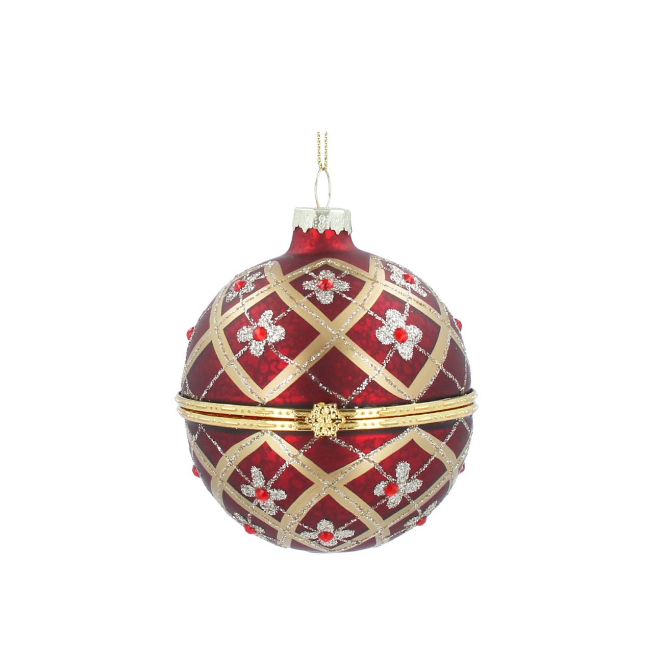 Gisela Graham Red & Gold Floral Trellis Glass Christmas Bauble Opening  Show off your holiday spirit with this elegant Gisela Graham Red & Gold Floral Trellis Christmas Bauble. This sparkling ornament features a gold trellis pattern with vibrant red accents for a pop of colour. An ideal choice for those seeking a unique ornament to add to their seasonal décor.