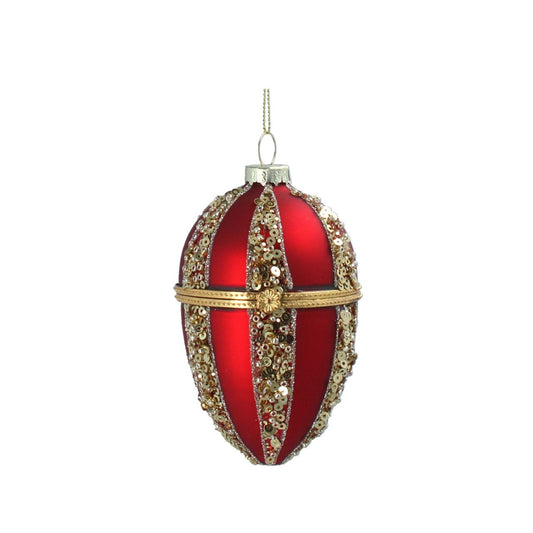 Gisela Graham Matt Red & Gold Glitter Opening Egg Christmas Hanging Ornament  This Red & Gold Glitter Opening Egg Christmas Hanging Ornament from Gisela Graham is a festive, unique addition to any Christmas tree. Made from a matt red and gold glitter combination, this ornament can be opened up to reveal a hidden inside.