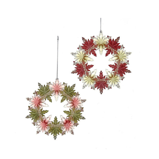A festive Christmas hanging ornament featuring an elegant snowflake wreath design in rich red and green tones. Standing 5.3" tall, this charming piece brings holiday spirit to any room. Perfect for tree displays, wreaths, or year-round seasonal décor. Available in either red or green to match your festive palette.