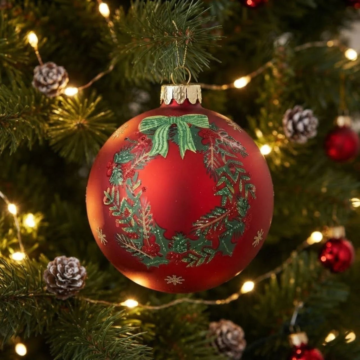 A festive red Holly Christmas Wreath Glass Bauble from Gisela Graham adds traditional yuletide charm to your tree. This elegant ornament features a vibrant holly wreath design in classic Christmas red, perfect for creating a cohesive seasonal display.