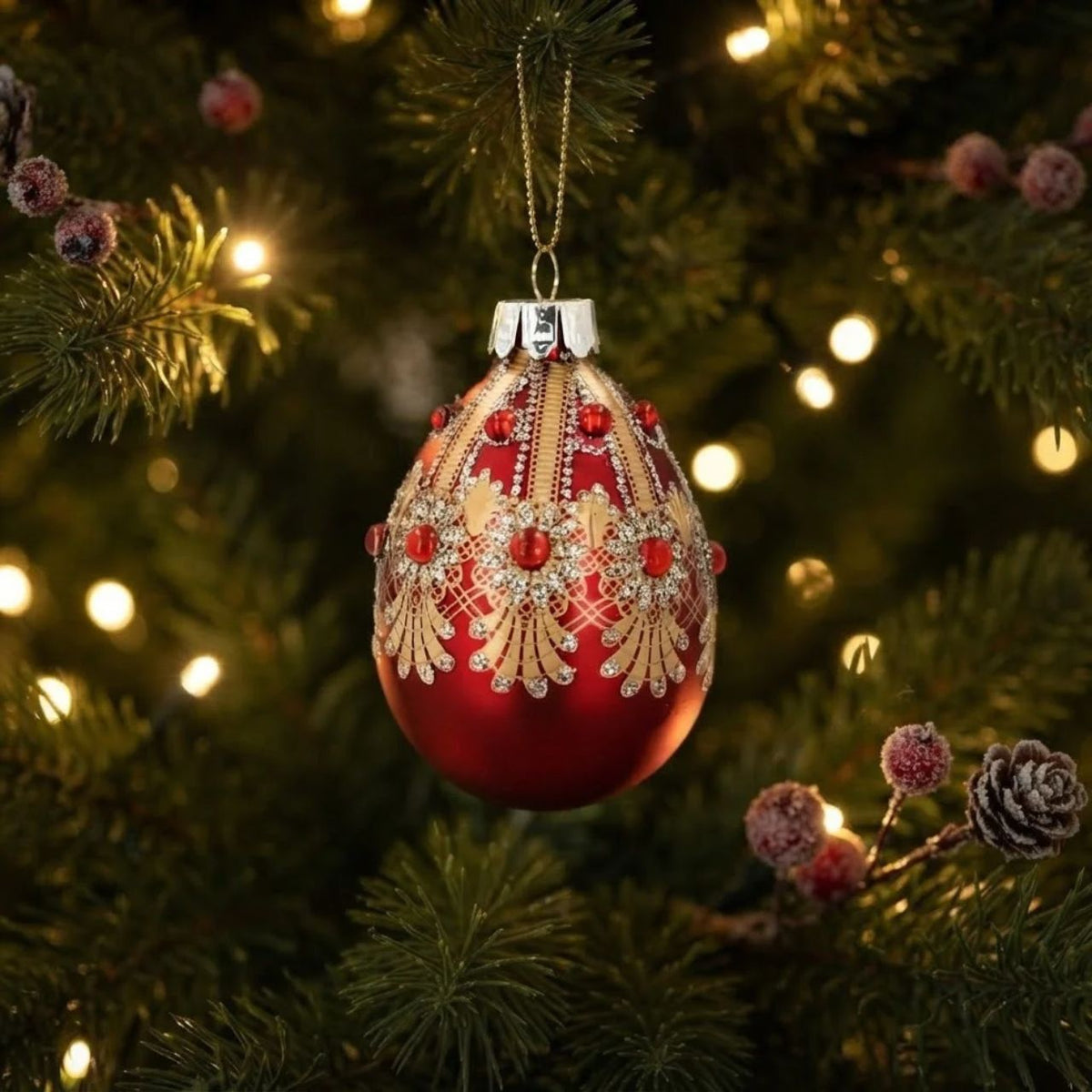 Gisela Graham Elevate your festive décor with this stunning Gisela Graham Red Jewelled Egg Christmas Hanging Ornament. Crafted from premium glass with delicate acrylic accents, this elegant ornament features rich red tones and jewelled detailing that catches the light beautifully.