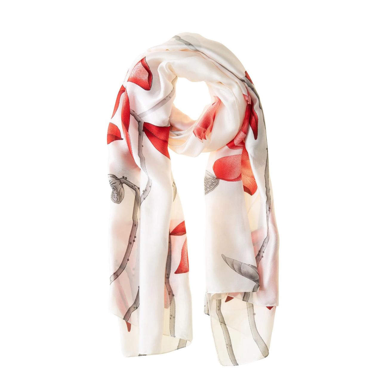 Red Lillies Polyester Scarf  Our Red Lillies Polyester Scarf is the perfect rich colour that will draw attention and complement any outfit. This rich, soft and comfortable scarf is a must have and also comes in a beautiful box ready for gifting. A touch of luxury for everyday life and perfect for all seasons.