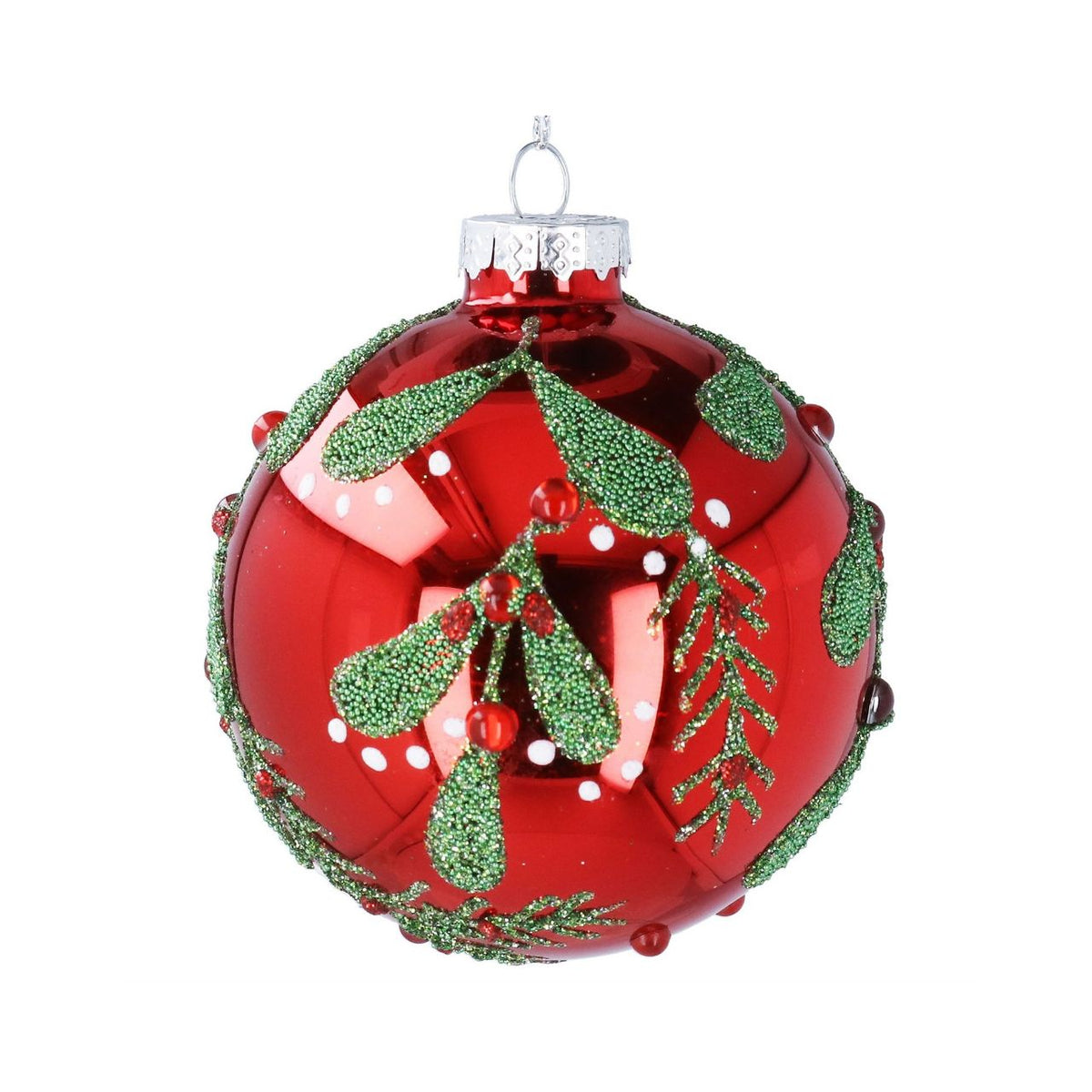 Elevate your festive décor with this elegant Gisela Graham Christmas bauble. Featuring a striking red mirrored finish complemented by delicate beaded green vine detailing, this hand-crafted ornament brings sophisticated holiday charm to any tree.