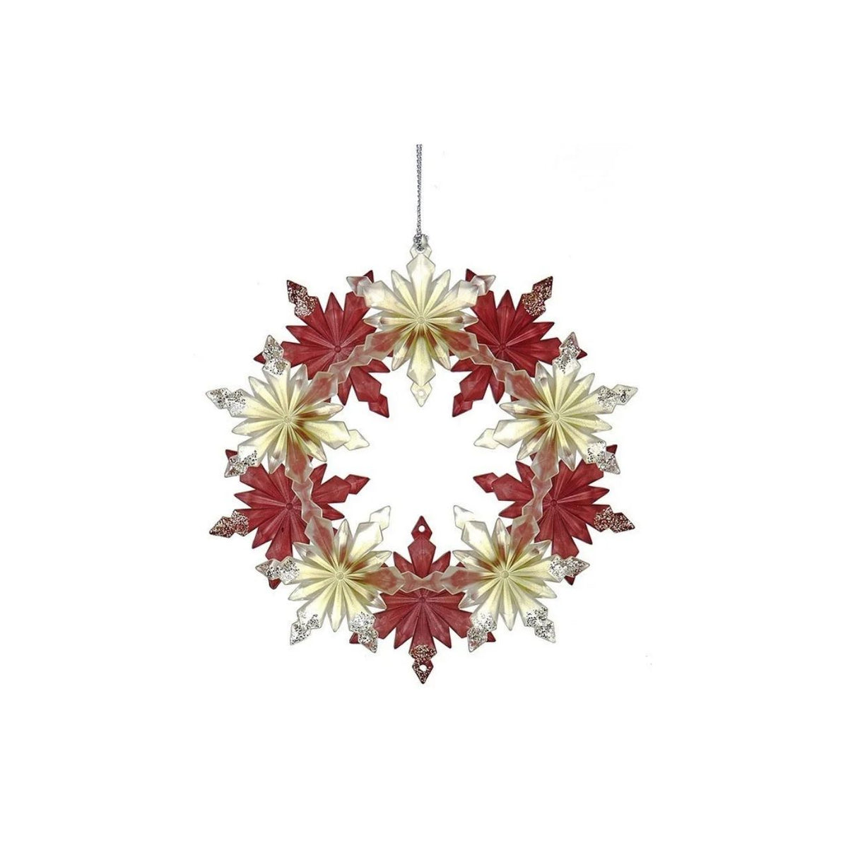 A festive Christmas hanging ornament featuring an elegant snowflake wreath design in rich red and green tones. Standing 5.3" tall, this charming piece brings holiday spirit to any room. Perfect for tree displays, wreaths, or year-round seasonal décor. Available in either red or green to match your festive palette.
