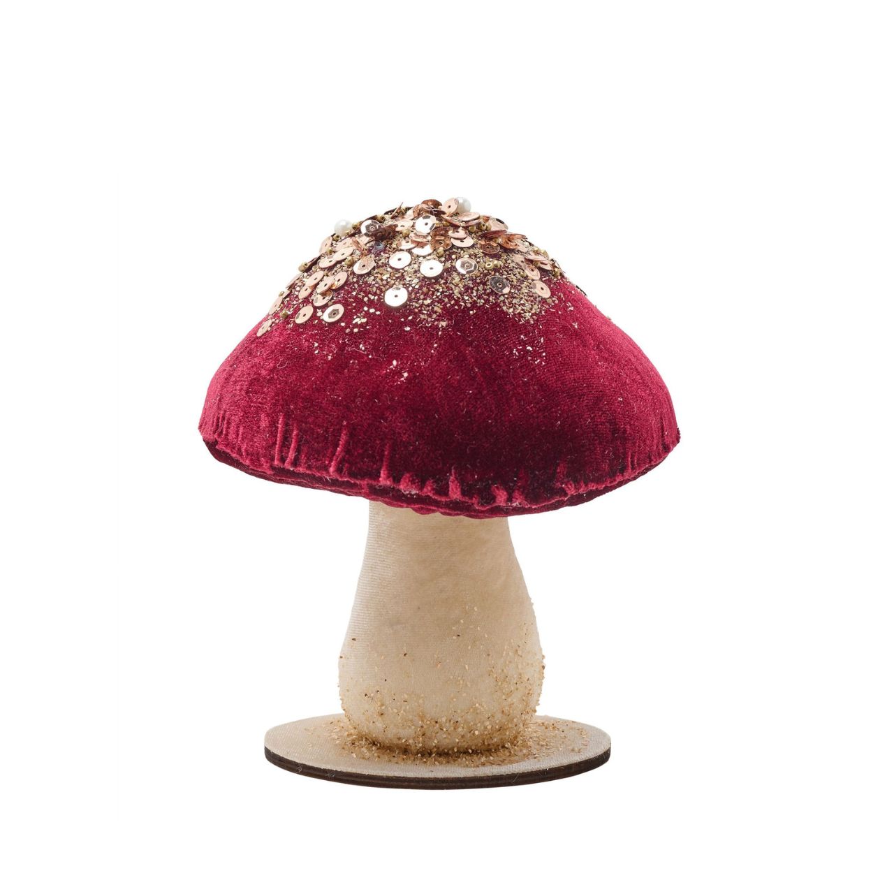 A pretty as a picture Red Velvet Mushroom ornament that brings a touch of whimsy to home décor over the festive period. Perched atop a smooth base and accented with sparkling sequins and faux moss for an extra pop of colour.
