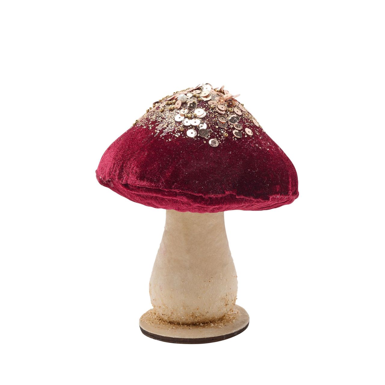 A pretty as a picture Red Velvet Mushroom ornament that brings a touch of whimsy to home décor over the festive period. Perched atop a smooth base and accented with sparkling sequins and faux moss for an extra pop of colour.