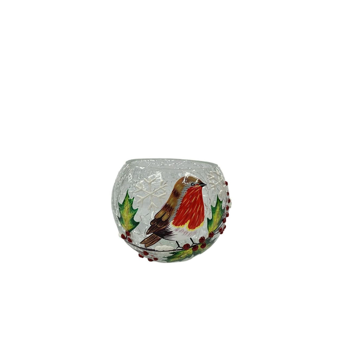 The Regal Tidings Crackle Effect Tea Light Holder Robin Design brings festive charm to seasonal interiors.