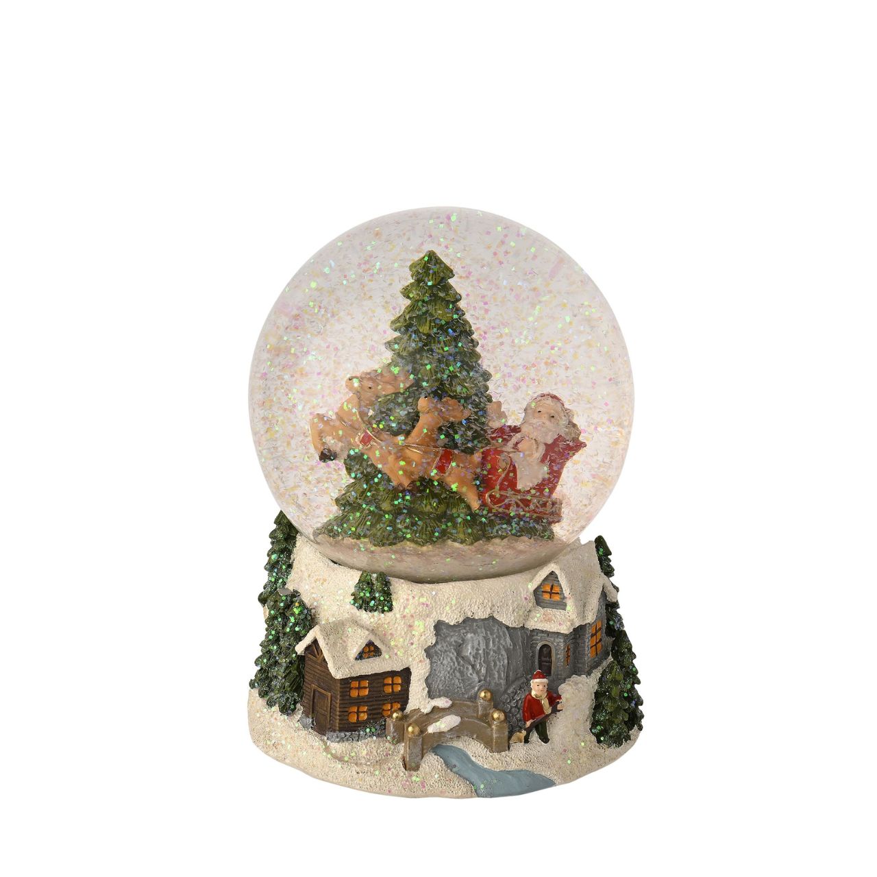 The 'Regal Tidings Santa Sleigh & Tree Snow Globe' captures the season's magic in an enchanting scene.
