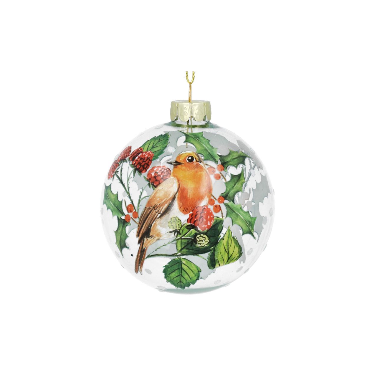 Elevate your festive décor with the Gisela Graham Robin &amp; Holly with Fruit Clear Christmas Bauble. This delicately crafted ornament features a charming robin perched amidst holly leaves and vibrant fruit, encased in a clear, glossy bauble.