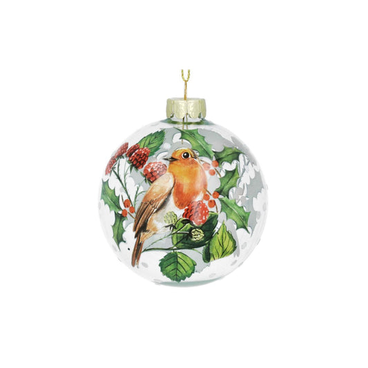 Elevate your festive décor with the Gisela Graham Robin &amp; Holly with Fruit Clear Christmas Bauble. This delicately crafted ornament features a charming robin perched amidst holly leaves and vibrant fruit, encased in a clear, glossy bauble.