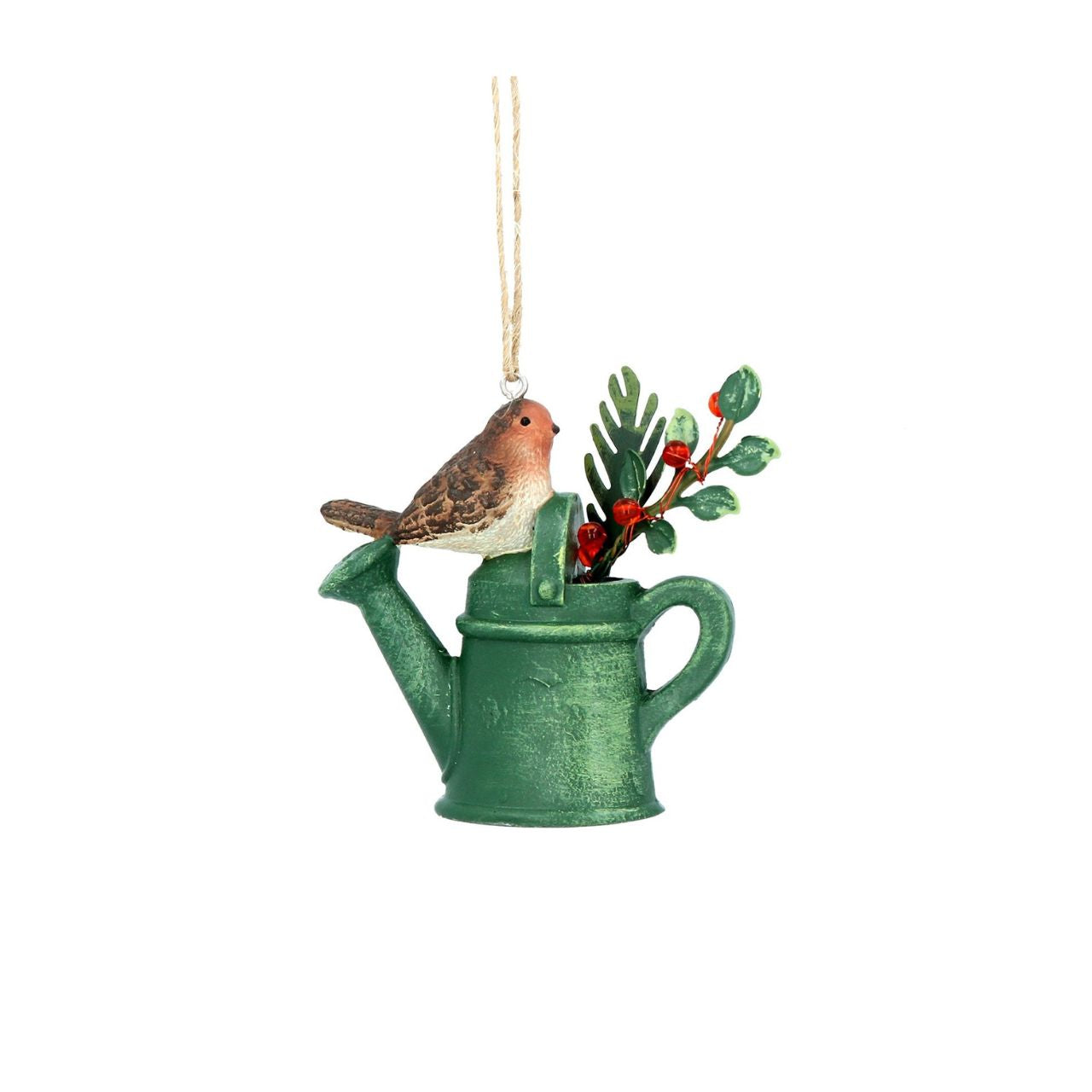 Elevate your festive décor with the Gisela Graham Robin &amp; Pheasant on Watering Can Christmas hanging ornament. Delicately crafted, this exquisite piece captures the charm of a robin and pheasant perched atop a vintage watering can, adding refined seasonal elegance to any setting.