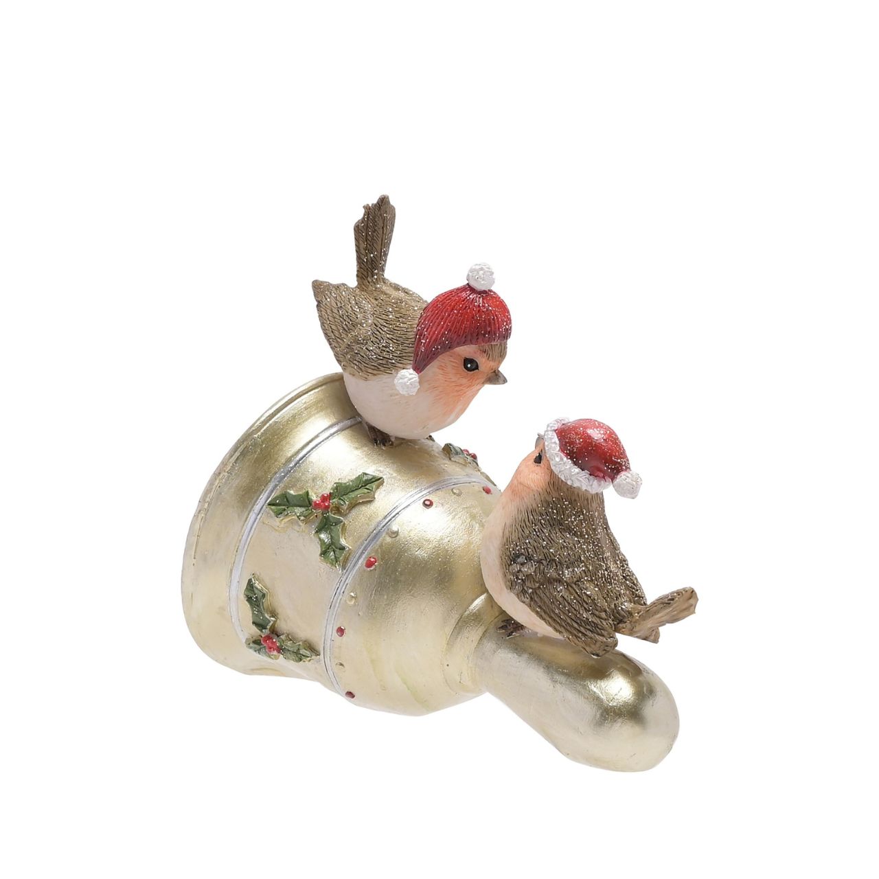 Robins on Gold Bell Christmas Figurine  A Robins on a gold bell figurine from THE SEASONAL GIFT CO.  This endearing figurine will help to create a fun-filled Winter Wonderland at home this festive period.
