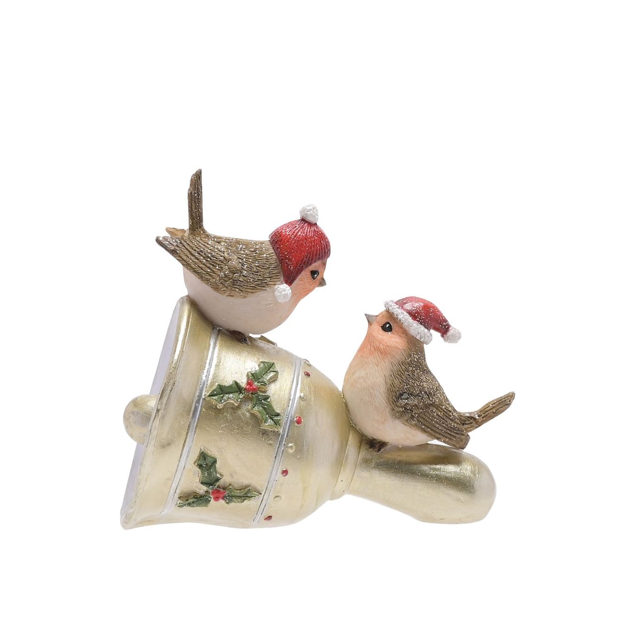 Robins on Gold Bell Christmas Figurine  A Robins on a gold bell figurine from THE SEASONAL GIFT CO.  This endearing figurine will help to create a fun-filled Winter Wonderland at home this festive period.