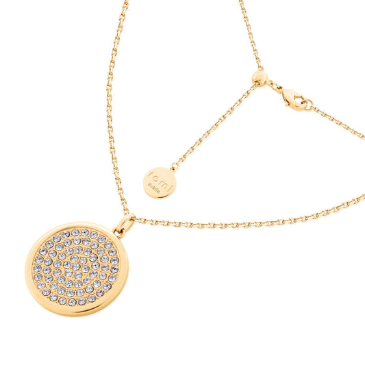 Romi Dublin Gold Pave Disc Pendant  Showcase your sense of style with this beautiful Romi Gold Pave Disc Pendant. Crafted with exquisite attention to detail, this piece of jewellery is a timeless addition to any wardrobe. Both durable and elegant, ensuring it will remain a treasured item for many years to come.