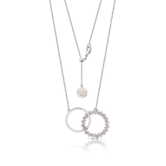 Romi Dublin Silver Purple Interlocking Pendant  This easy-to-wear jewellery collection was inspired by daughter Romi who loves to style and accessorise. An outfit isn’t complete until the perfect pieces of jewellery and accessories have been selected to enhance it.