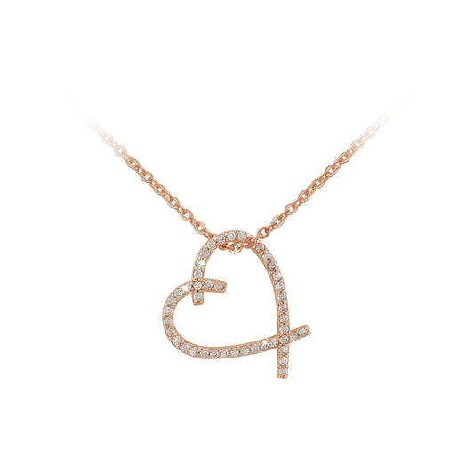 Tipperary Rose Gold Freehand Heart Pendant  This rose gold open heart pendant has an interesting cross over design at the top and bottom, with the curvatures of each side of the heart crossing over as they meet. The heart is completely lined with a single row of clear cut crystal stones, all of the same size. This pendant suspends freely along a gleamingly polished rose gold cable chain which has a 2” extension chain and a TC branded fob.