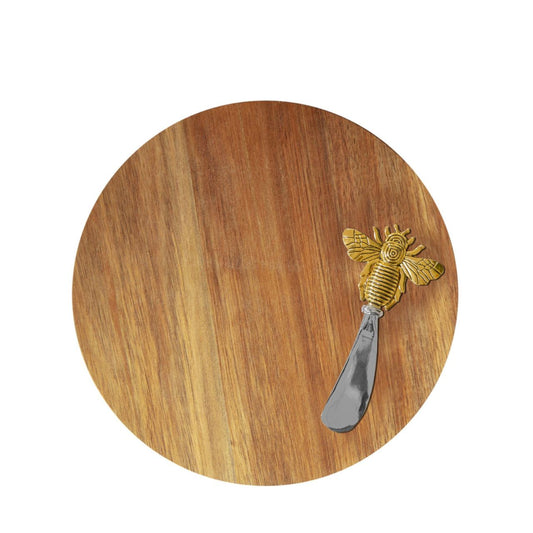 Round Acacia Cheese Board with Spreader Bee Design  A beautiful round acacia wood cheese board with gold bee stainless steel cheese spreader in a branded gift box. From the Cheese & Wine Gifts collection by HESTIA - elegant gifts for the sophisticated partygoer.