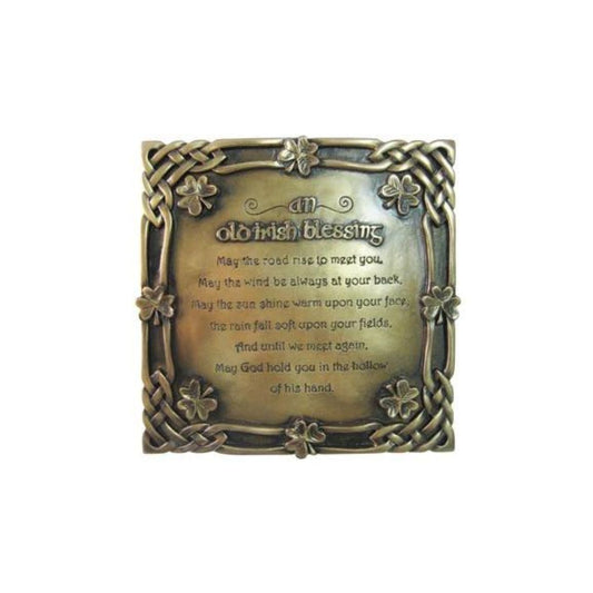 This attractive bronze plaque depicts what is probably the most popular and widely known of our traditional Irish blessings. The wording is surrounded by shamrocks, the symbol of Ireland, and the never ending interlacing of Celtic knotwork.